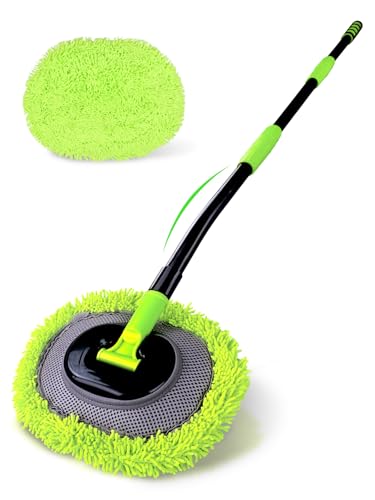 Curved Car Wash Brush Mop 47" with Long Handle Sturdy Metal Pole 3 Grip Points Washing Wand Auto Cleaning Tool Kit Scratch-Free Chenille Microfiber Soft Duster for Cars RV SUV Truck Caravan Van Window