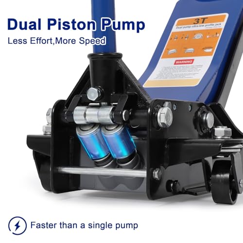 GarveeTech 3T Low Profile Floor Jack, Professional Low Profile Hydraulic Jack, Heavy Duty Steel Racing Floor Jack with Dual Piston Quick Lift Pump,Lift Range 3 in-19.5 in,Hydraulic Car Jack, Blue