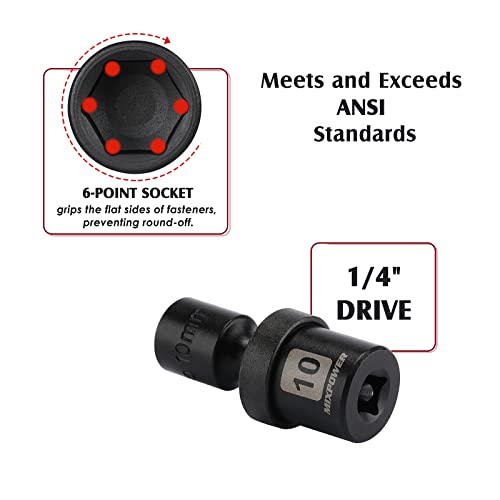 MIXPOWER 12 Pieces 1/4" Drive Metric Shallow Universal Impact Socket Set, CR-MO, Swivel Socket with Flexible Wobble, 5mm - 15mm - size: 12 Pcs Metric 1/4" Dr. (Shallow)