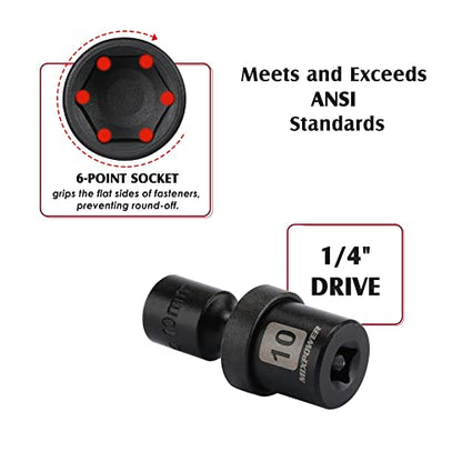 MIXPOWER 12 Pieces 1/4" Drive Metric Shallow Universal Impact Socket Set, CR-MO, Swivel Socket with Flexible Wobble, 5mm - 15mm - size: 12 Pcs Metric 1/4" Dr. (Shallow)