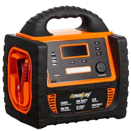 2400A Car Battery Jump Starter and Portable Power Station – Starts 8.0L Gas & 8.0L Diesel – 6-in-1 Jump Starter with Air Compressor 100 PSI Tire Inflator – 400 Watt Inverter AC/DC/USB Outlets - style: Orange