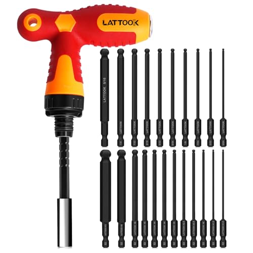 Ball End Hex Head Allen Wrench Drill Bit Set with Ratcheting T Handle Bit Driver, LATTOOK 22PCS Metric & SAE Ball End Hex Allen Key Bit Set, S2 Steel, 4'' Long - style: 22PCS Ball Hex Bits+T Handle