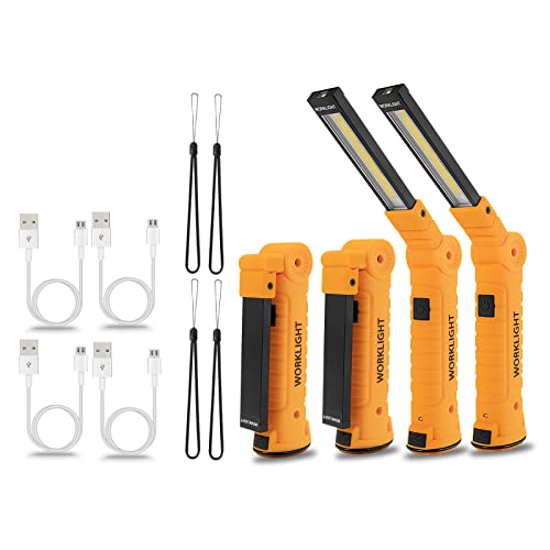 4 Pack WorkLights Tools for Mens Dad Gift,LED Rechargeable Magnetic Flashlights with Hook 360° Rotate 5 Modes Emergency Light for Mechanic, Automotive,Camping and Christmas Birthday Gift - color: Yellow Body + Black alloy, size: 4 pack