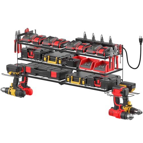 CCCEI Large Garage Tools Storage with Charging Station. Power Tool Battery Organizer Utility Shelf with Power Strip. 4 Drills Holder Wall Mount Rack, Black 3 Layer. - size: Large, style: 3 Layer