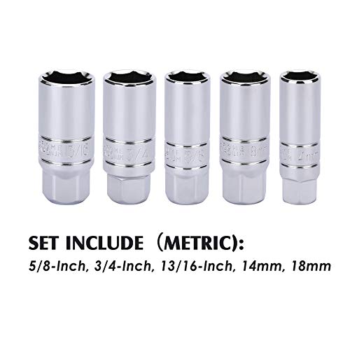 MIXPOWER 3/8-Inch Drive Spark Plug Socket Set, SAE & Metric, CR-V Steel Mirror finish, 6-Point, 5/8-Inch, 3/4-Inch, 13/16-Inch, 14mm, 18mm, 5-Piece Set - size: Non magnetic
