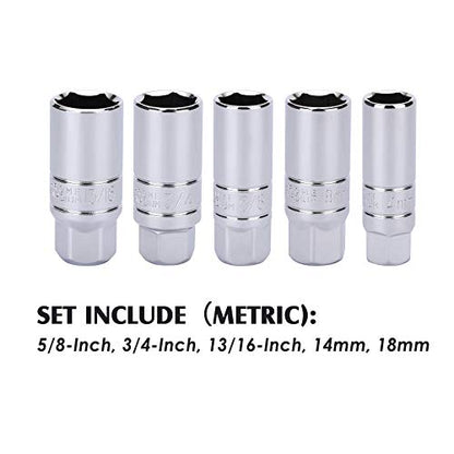 MIXPOWER 3/8-Inch Drive Spark Plug Socket Set, SAE & Metric, CR-V Steel Mirror finish, 6-Point, 5/8-Inch, 3/4-Inch, 13/16-Inch, 14mm, 18mm, 5-Piece Set - size: Non magnetic