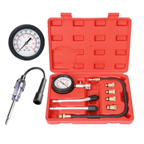 Automotive Compression Tester Kit with Spark Plug Tester,Compression Tester Petrol 0-20 Bar & 0-300 psi, Car Compression Tester for Engine Compression Test Measure Car M10 M12 M14 M18 - color: red
