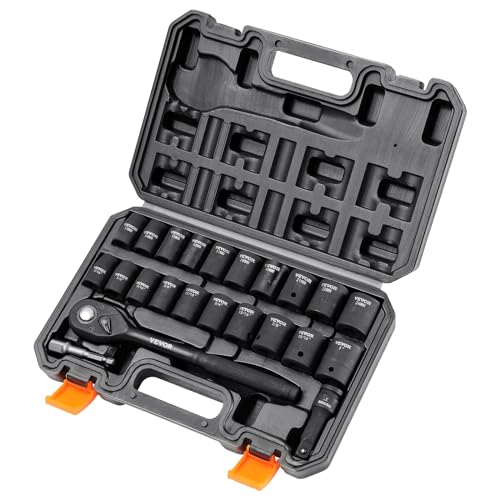 VEVOR 1/2" Drive Impact Socket Set, 23 Piece Socket Set SAE （7/16" -1"）& Metric （13-24mm）6 Point Cr-V Alloy Steel for Auto Repair with Ratchet Handle Rugged Construction Storage Case - style: 1/2" 23PCS
