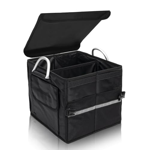 Small Trunk Organizer With Lid, For SUV Car Truck, Black 28L, Foldable Waterproof Oxford Fabric, 2-Compartments With Aluminium Alloy Handle