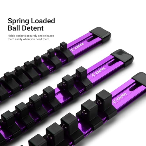 Capri Tools Aluminum Socket Rail, 1/4 in. Drive, 17 in. Long, 24 Socket Clips, Purple - color: Purple, size: 1/4 in. Drive