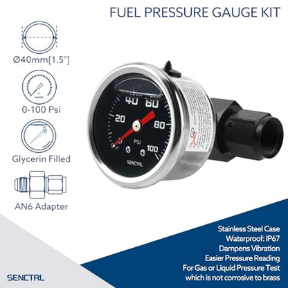 SENCTRL 0-100 Psi Fuel Pressure Gauge Kit with 6AN Fitting, Inline Low Pressure, Glycerin Liquid Filled, 1.5" Black Dial 1/8" NPT Back Mount for EFI Fuel System, Fuel Regulator Adapter, Engine - size: 0-100 Psi, style: Back Mount with 6AN fitting (Black d