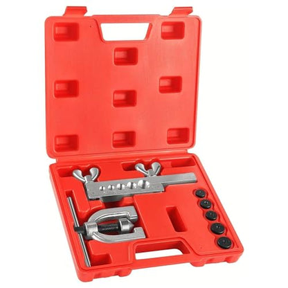 Flexzion SAE 45 Degree Double Flare Brake Line Flaring Tool Kit with (3/16, 1/4, 5/16, 3/8, 1/2") Adapters Dies Automotive Copper Steel Aluminum Brake Fuel Hydraulic Line Tubing Fitting Case Set