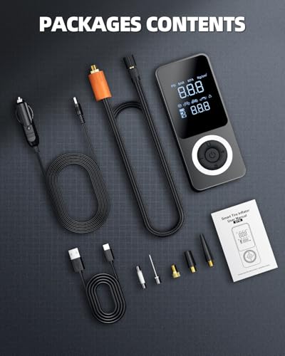 Cordless Tire Inflator Portable Air Compressor, Smart Air Pump for Car Tire with Digital Pressure Gauge, LED Light, 12V Car Power Adapter, Storage Box, 4 Valve