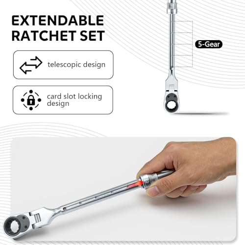 Extendable Ratchet Wrench Set, 72-Tooth Long Socket Wrench Ratchet with 1/4" 3/8" 1/2" Socket Drive Adapat, 180° Flex-Head Ratcheting Set with Soft Grip Handle for Men Mechanic Hand Tools