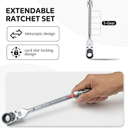 Extendable Ratchet Wrench Set, 72-Tooth Long Socket Wrench Ratchet with 1/4" 3/8" 1/2" Socket Drive Adapat, 180° Flex-Head Ratcheting Set with Soft Grip Handle for Men Mechanic Hand Tools