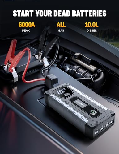 Sharmeal Car Battery Jump Starter 6000A, Jump Starter Battery Pack for All Gas and 10.0L Diesel, 12V Portable Jump Box with LED Light - color: 6000A+Charging Cable+Charger Block