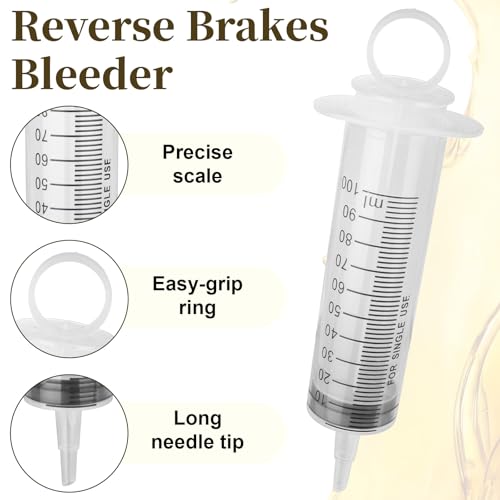 Motorcycle Brake Bleeder Kit, 100ml Pump Hydraulic Disc Bleeding Tool | 50cm hose & fittings. Compatible with motorcycles, cars & scooters. Reverse brake fluid flush. Easy one-person use.