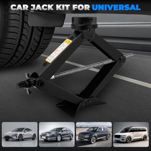 3-Ton/6613lbs Universal Scissor Jack kit with Rubber Cross Slot Jack pad, Car Spare Tire Repair Tools, Tire Changing Tools Kit with L-Wrenches（17/19/21/23mm）