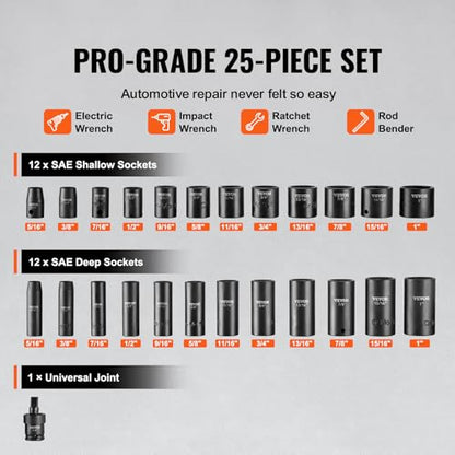 VEVOR 3/8" Drive Impact Socket Set, 25 Piece Deep & Shallow Socket Set SAE 5/16" - 1", 6 Point Cr-Mo Alloy Steel for Auto Repair, Easy-to-Read Size Markings, Rugged Construction, Includes Storage Case - style: 3/8" 25PCS CR-MO