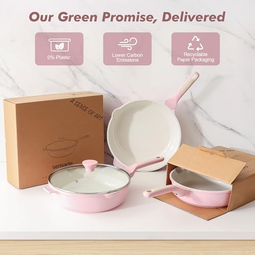 SENSARTE Nonstick Skillet with Lid 12-inch, 5QT Ceramic Deep Frying Pan, Non Toxic Saute Pan with Lid, Healthy Dishwasher Safe Cooking Pot, Induction Pan with Stay-cool Handle, Pink - color: Sakura Pink, size: 12-inch/5QT