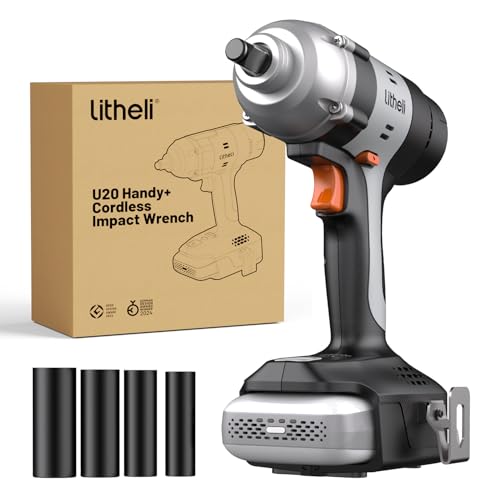 LiTHELi 20V Impact Wrench 1/2 inch with 2.0Ah Battery, High Torque Cordless Impact Gun (295 ft-lbs), 5 Speeds, Hog Ring Anvil & 4 Sockets for Lug Nuts, Car Repair and Home DIY (Tool & Battery) - color: Matte Black