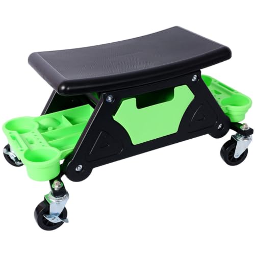 Mechanic Stool, 300 lbs Heavy Duty Rolling Garage Seat with Wheels Tool Storage Trays Drawer, 360° Swivel Creeper Seat for Auto Repair Workshop, Green