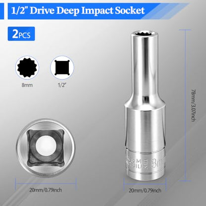 2 Pcs 1/2" Drive 8mm Deep Impact Socket | Anti-Rounding 12 Point Design, Square Chamfered Opening, Easy Removal of Axle Nut - color: Deep, size: 8mm