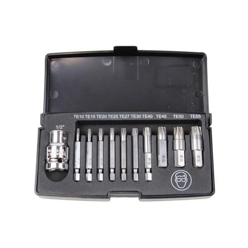 K Tool International 75410 Damaged Torx Screw Extractor Set for Garages, Repair Shops, DIY, Twist End Design, 1/4" shank, High Grade Silicon Alloy Steel, Heat-treated, Chrome-plated, 11 Piece