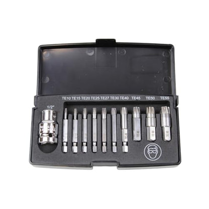K Tool International 75410 Damaged Torx Screw Extractor Set for Garages, Repair Shops, DIY, Twist End Design, 1/4" shank, High Grade Silicon Alloy Steel, Heat-treated, Chrome-plated, 11 Piece