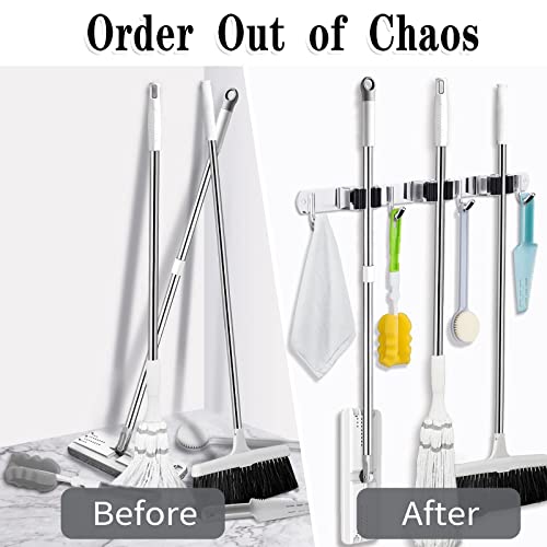 AceMining Broom Holder Wall Mount, 3 Racks 4 Hooks Heavy Duty Mop Organizer | Mop Holder Wall Mount and Broom Hanger for Garage, Laundry Room, Kitchen and Utility Storage - color: 3 Racks & 4 Hooks (Silver) - 1 Pack