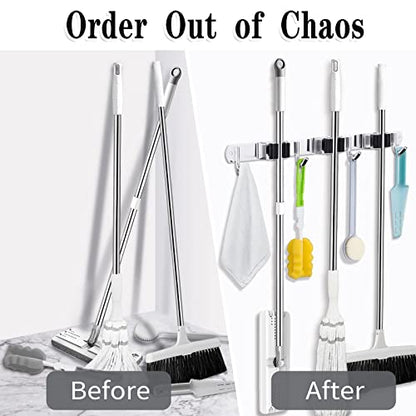 AceMining Broom Holder Wall Mount, 3 Racks 4 Hooks Heavy Duty Mop Organizer | Mop Holder Wall Mount and Broom Hanger for Garage, Laundry Room, Kitchen and Utility Storage - color: 3 Racks & 4 Hooks (Silver) - 1 Pack