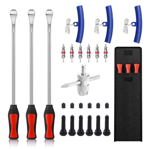 HTOMT 14.5" Tire Spoon Kit, 26pcs Tire Changing Tool for Motorcycle Dirt Bike Lawn Tractor Bicycle, Motorcycle Tire Changer Tire Removal Tool with 3pcs Rim Covers 6pcs Valve Tool Valve Cores - color: 14.5" Red