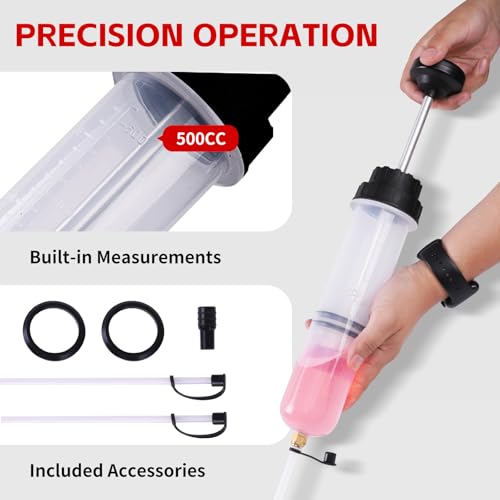 MaxWorks Manual Fluid Extraction and Transfer Pump 500cc 17oz Multi Purpose Syringe Suction Gun for Oil Brake Fluid Coolant and Gear Lube with Extension Hoses (51045) - size: 500cc