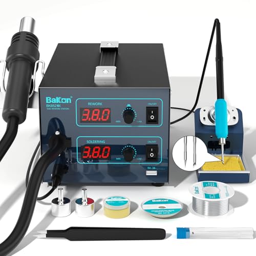 BAKON 852MX C210 Soldering Station,1000W Hot Air Rework Station with Digital Display, Precise Temp Control, ESD Safe Solder Station for SMD, BGA, PCB Electronics Repair (Includes Nozzle Kit) - color: Grey