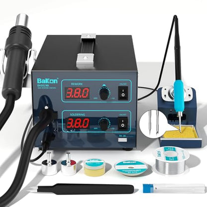 BAKON 852MX C210 Soldering Station,1000W Hot Air Rework Station with Digital Display, Precise Temp Control, ESD Safe Solder Station for SMD, BGA, PCB Electronics Repair (Includes Nozzle Kit) - color: Grey