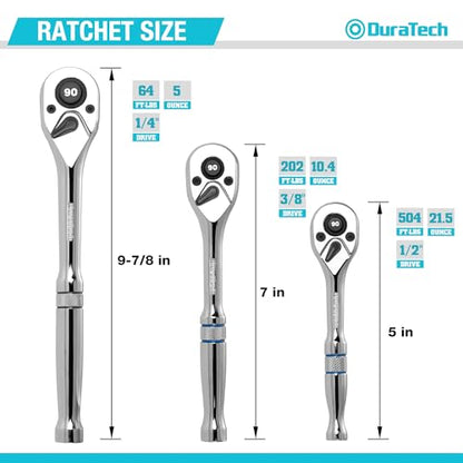 DURATECH 3-Piece Drive Ratchet, 90-Tooth Quick-Release Ratchet Wrench | 1/4", 3/8", 1/2" Socket Wrench for Men Women, Reversible, Cr-V Made, 4° Swing, Full Polished-with Plastic Insert Storage Box - size: Combo Kit (Plastic Tray)