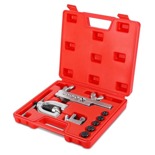 Flexzion Brake Line Flaring Tool Kit with Tubing Cutter & Case, 45° Single & Double Flare Tool for Brake Lines, Copper, Aluminum, Brass, Magnesium & Soft Steel, 5 Adapters for 1/8"–5/8" Tubing