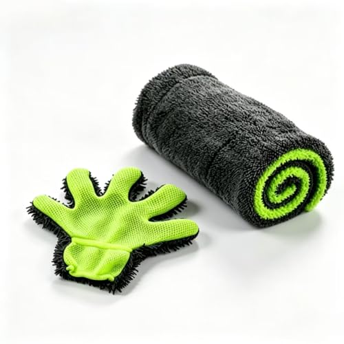 Microfiber Car Drying Towel & Chenille Wash Mitt Set, 1300 GSM 16 x 24 in Absorbent Auto Detailing Towel, Scratch-Free Car Wash Cloth and Mitt for Washing, Drying, Detailing, Gray Green