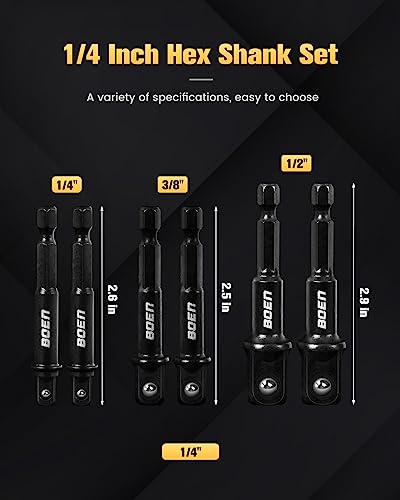 BOEN Impact Grade Socket Adapter Set, 6-PCS Drill Bit Adapter with Bit Holder, Sizes 1/4", 3/8", 1/2", 1/4-Inch SAE Hex Shank, Cr-V with Black Phosphate Finish - size: 6PCS SAE (UPGRADE)