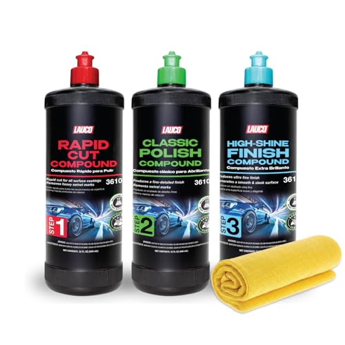LAUCO 3-Step Kit – Steps 1 2 3 – 32oz, with a Towel, Professional Silicone-Free Cutting, Polishing & Finishing Compounds for Scratch Removal, Clear Coat Safe High-Gloss Finish - style: Combo–32oz