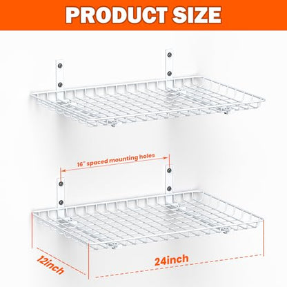 Ultrawall Wall Mounted Storage Shelf, Garage Shelves 24x12 Inch, Metal Shelf Rack, Heavy-Duty Wall Organizer for Closet, Kitchen, Laundry Room 2 Pack, White - color: White