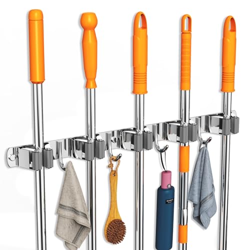 CUXIXA Broom and Mop Organizer Wall Hanging, Upgraded Mop and Broom Holder Wall Mount, Stainless Steel Broom Hanger Wall Mount for Laundry Room Organization and Storage（5 Racks with 4 Hooks） - color: Silver, size: 5 Racks with 4 Hooks