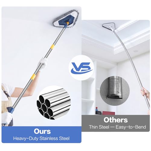 Wall Cleaner Mop, 80" Long Handle, 360° Ceiling Cleaning Tool | 5-in-1 Triangle Wall Mop for Painted Walls, Drywall, Baseboard, with Chenille Microfiber (6 Replacement Pad) Brush Scraper