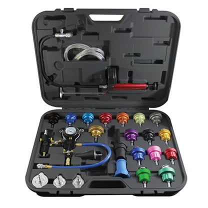 Mastercool 43301-A 27‑Piece Radiator Pressure & Vacuum System Kit – Professional Leak Tester & Coolant Refill Tool with Durable Gauge and 19 Adapter Set (0–35 psi)