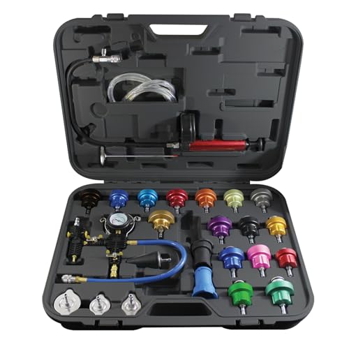 Mastercool 43301-A 27‑Piece Radiator Pressure & Vacuum System Kit – Professional Leak Tester & Coolant Refill Tool with Durable Gauge and 19 Adapter Set (0–35 psi)