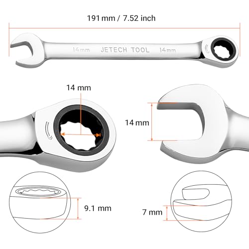Jetech 14mm Ratchet Wrench, Ratcheting Combination Wrench Metric, Industrial Grade Gear Spanner with 12-Point Design, 72-Tooth Ratchet, Chrome Vanadium Steel for Auto & DIY Repair - size: 14mm