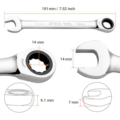 Jetech 14mm Ratchet Wrench, Ratcheting Combination Wrench Metric, Industrial Grade Gear Spanner with 12-Point Design, 72-Tooth Ratchet, Chrome Vanadium Steel for Auto & DIY Repair - size: 14mm