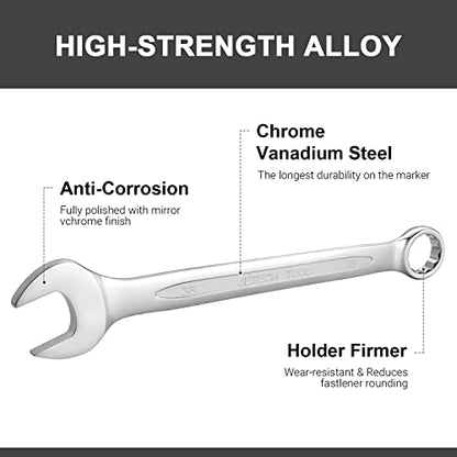 Jetech 38mm Combination Wrench, Metric 12-Point Chrome Vanadium Steel Spanner, Industrial Grade with 15-Degree Offset, Sand Blasted Finish, Heat-Treated Forged Tool - size: 38mm