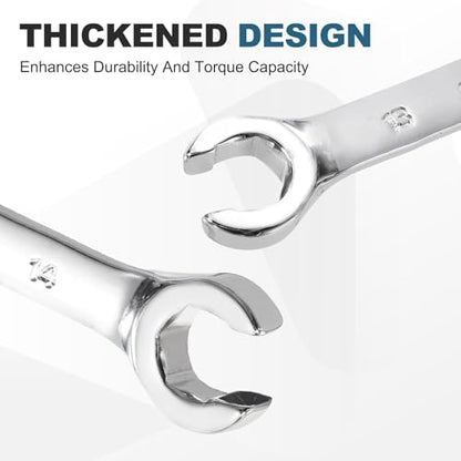 HARFINGTON 2 Pcs Flare Nut Wrench 13mm x 14mm Metric Double Open End Thick Spanner Mirror Polish Finish 45# Steel Brake Line Wrench For Fuel Tube Hose Transmission Line, Silver - size: 13mm x 14mm