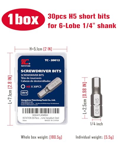 ROTATION 30-Piece H5 Bit Set, Impact Grade, 1/4-inch Hex Shank, Chrome Vanadium Steel - color: H5